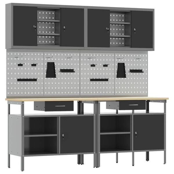 vidaXL Work Bench Set with Lock 8 pcs Red and Grey Powder-Coated Steel