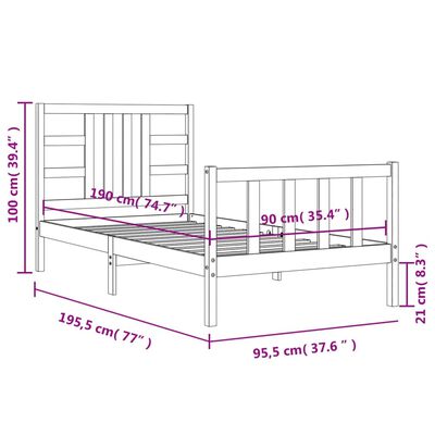 vidaXL Bed Frame with Headboard Grey 90x190 cm Single Solid Wood