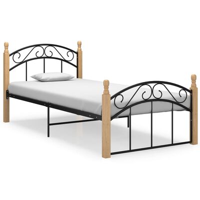 vidaXL Bed Frame Black Metal and Solid Oak Wood 100x200 cm