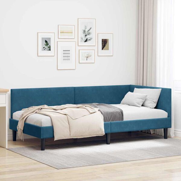 vidaXL Corner Bed Frame with Headboard Blue 90 cm x 190 cm Velvet