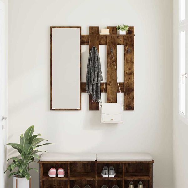 vidaXL Wall-Mounted Coat Rack with Mirror Smoked Oak 100 x 10 x 100 cm