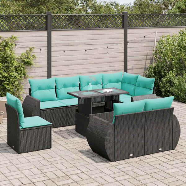vidaXL 9 Piece Garden Sofa Set with Cushions Black Poly Rattan Acacia