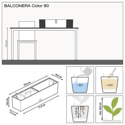 LECHUZA Planter Balconera Color 80 ALL-IN-ONE Slate 15683