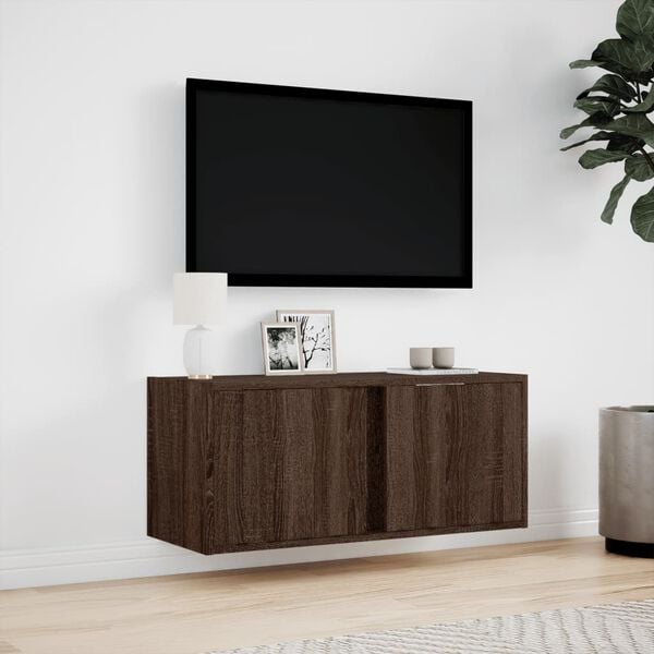 vidaXL TV Wall Cabinet with LED Lights Brown Oak 80x31x35 cm