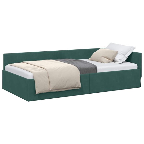 vidaXL Corner Bed Frame Dark Green 100 cm x 200 cm Velvet