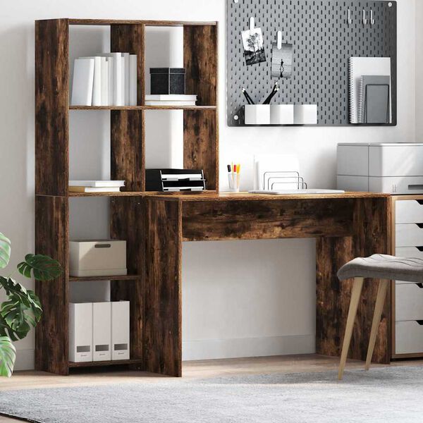 vidaXL Desk with Shelf Smoked Oak 138.5 x 55 x 143 cm Engineered Wood