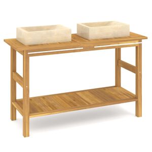 vidaXL Bathroom Vanity Cabinet with Cream Marble Sinks Solid Wood Teak