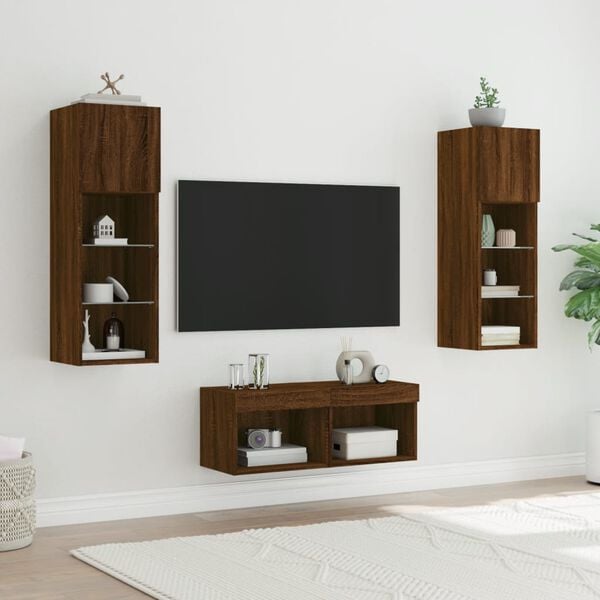 vidaXL 4 Piece TV Wall Cabinets with LED Lights Brown Oak