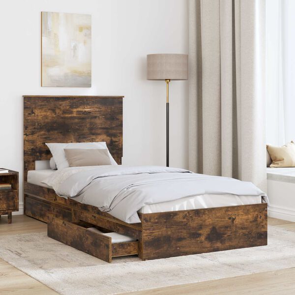 vidaXL Storage Bed with Drawer Smoked Oak 75 x 190 cm Engineered Wood