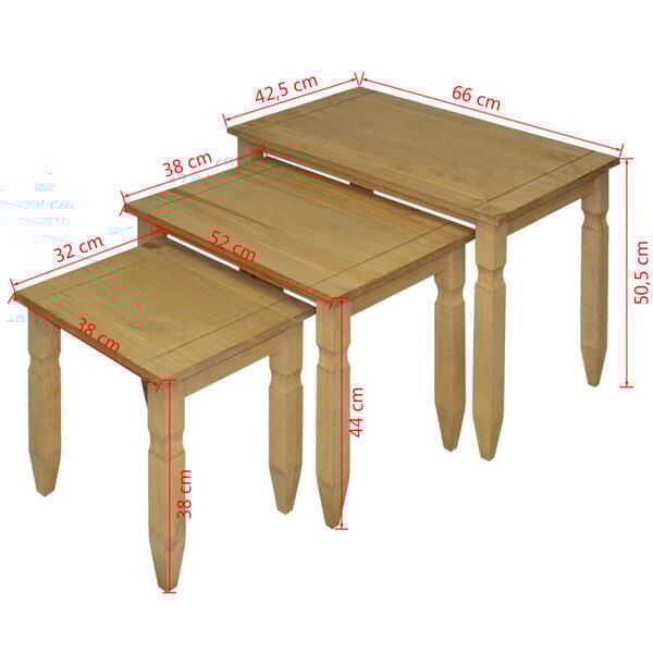 vidaXL Three Piece Nesting Table Set Mexican Pine Corona Range