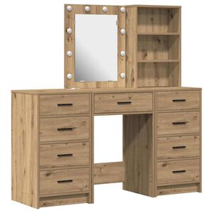 vidaXL Dressing Table with Mirror Lights 3 pcs Brown Engineered wood