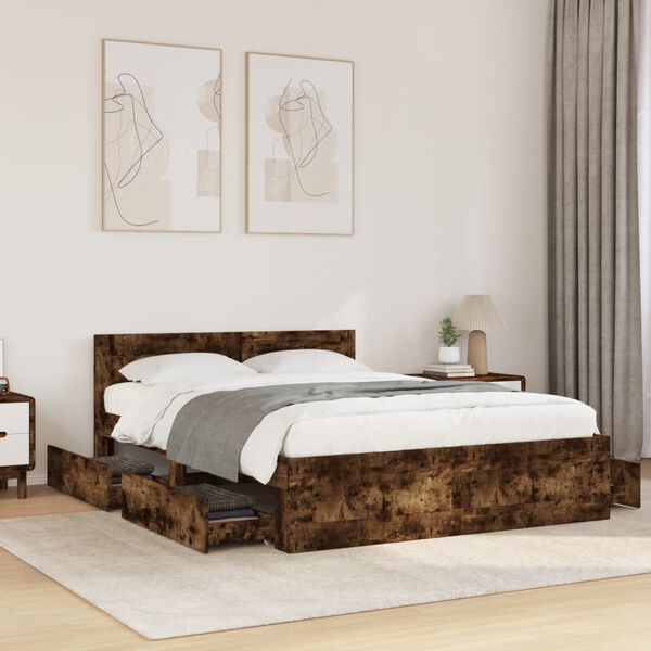 vidaXL Bed Frame with Headboard without Mattress Smoked Oak 140x190 cm