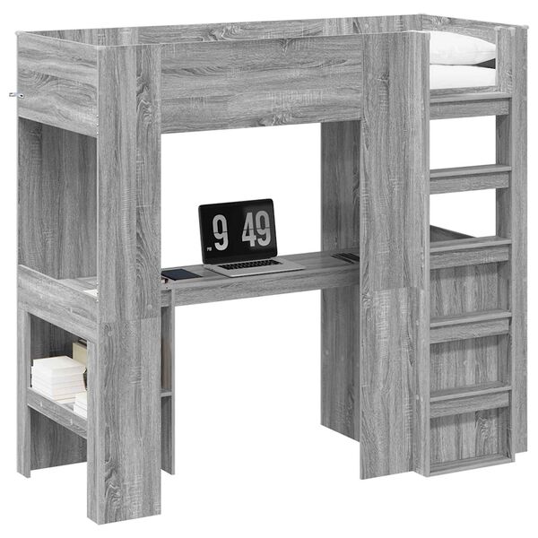 vidaXL Loft Bed Frame with Desk with Storage Grey Sonoma 75 x 190 cm
