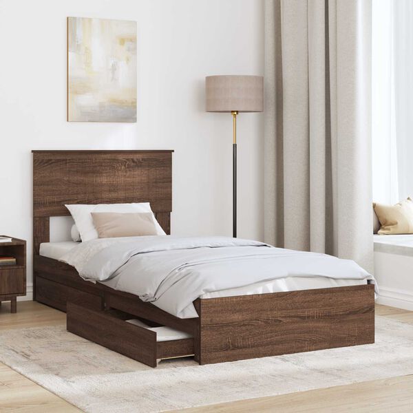 vidaXL Storage Bed with Drawer Brown Oak 90 x 200 cm Engineered Wood