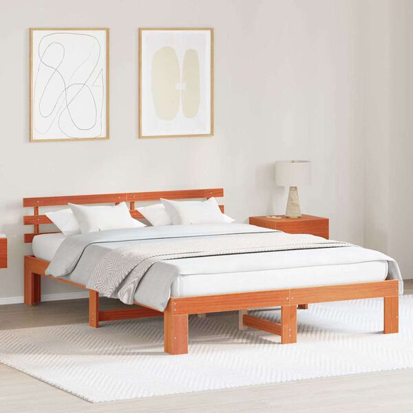 vidaXL Bed Frame with Headboard Wax Brown 140 x 200 cm Solid Pine Wood