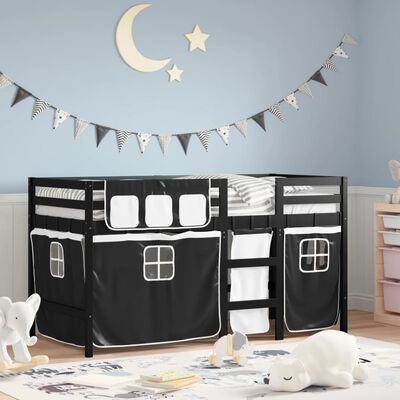 vidaXL Kids' Loft Bed with Curtains White&Black 90x200 cm Solid Wood Pine