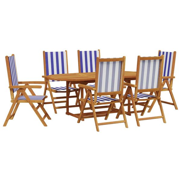 vidaXL 7 Piece Garden Dining Set Blue and White Fabric and Solid Wood