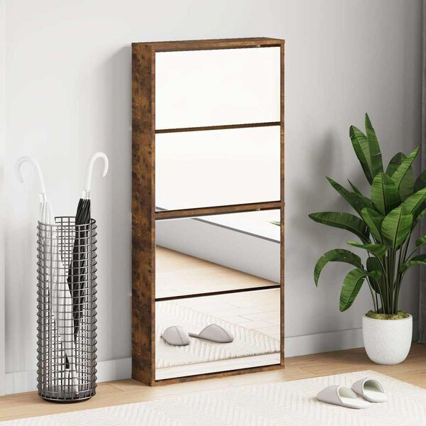 vidaXL Shoe Cabinet with Mirror 4-Layer Smoked Oak 63x17x134 cm