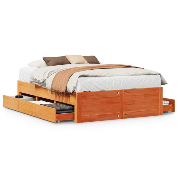 vidaXL Bed Frame without Mattress with Drawers Wax Brown 140x200 cm Solid Wood Pine