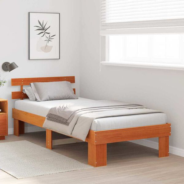 vidaXL Bed Frame with Headboard Wax Brown 100 x 200 cm Solid Pine Wood