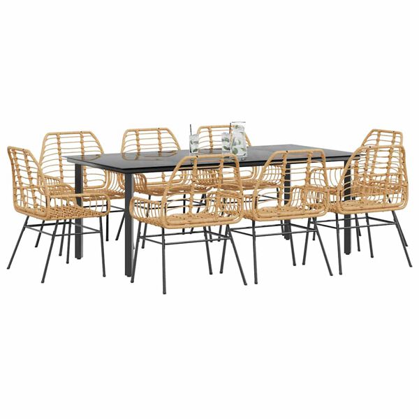 vidaXL 9 Piece Garden Dining Set Brown Poly Rattan Glass