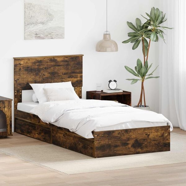vidaXL Storage Bed with Drawer Smoked Oak 90 x 200 cm Engineered Wood
