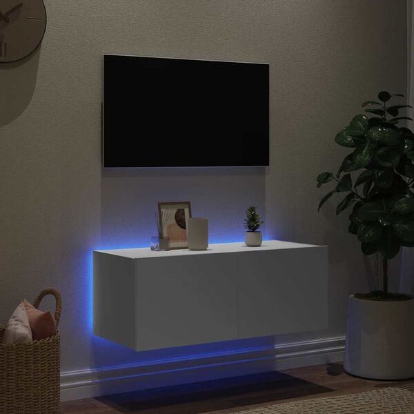 vidaXL TV Wall Cabinet with LED Lights White 80x35x31 cm