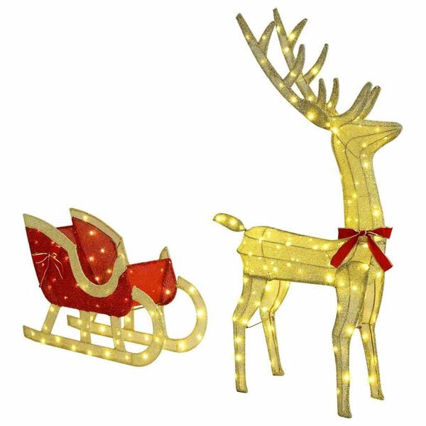vidaXL Reindeer Pull Sleigh Warm white 151 x 28 x 128.5 cm Fabric