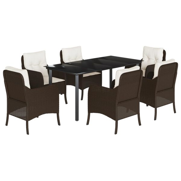 vidaXL 7 Piece Garden Dining Set with Cushions Brown Poly Rattan