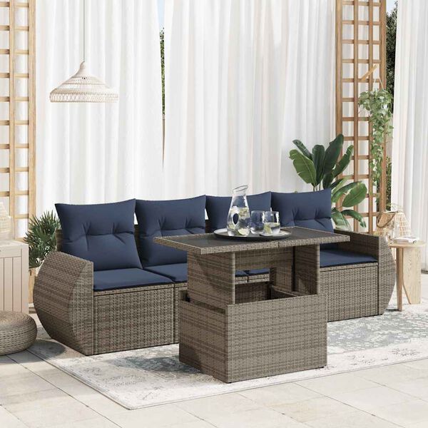 vidaXL 5 Piece Garden Sofa Set with Cushions Grey Poly Rattan Acacia