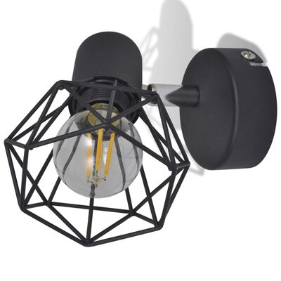 2 Black Industrial Style Wire Frame Wall Sconce with LED Filament Bulb