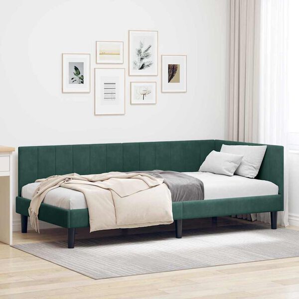 vidaXL Corner Bed Frame Dark Green 100 cm x 200 cm Velvet