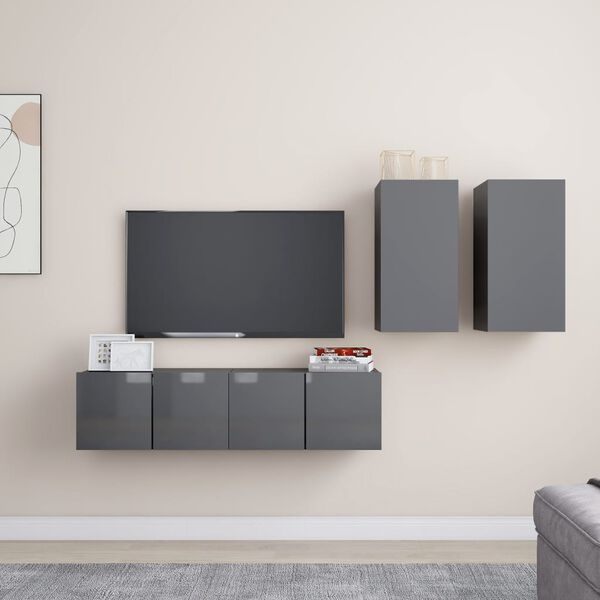 vidaXL 4 Piece TV Cabinet Set High Gloss Grey Engineered Wood