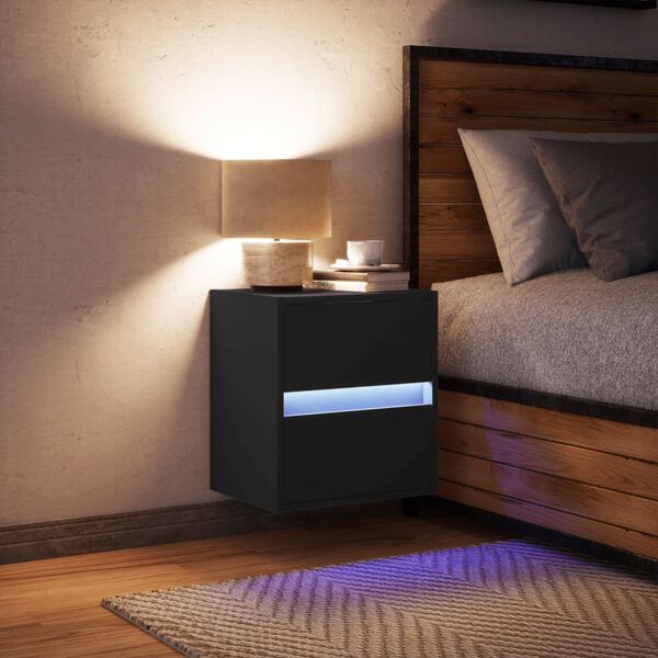 vidaXL Wall-mounted Bedside Cabinet with LED Lights Black