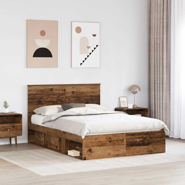 vidaXL Bed Frame with Headboard Old Wood 135 x 190 cm Solid Pine Wood
