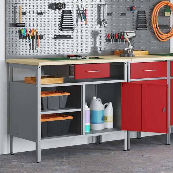 vidaXL Work Bench with Drawer with Shelf Red and Grey 100 x 55 x 85 cm