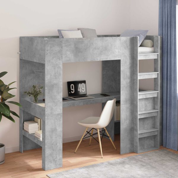 vidaXL Loft Bed Frame with Desk with Storage Concrete Grey 90 x 190 cm
