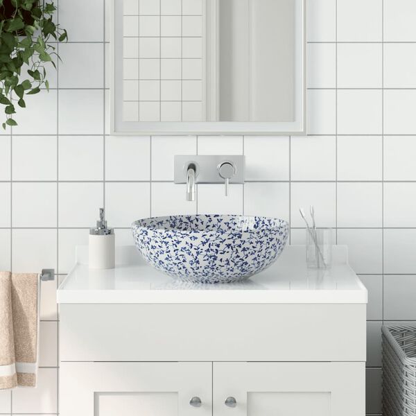 vidaXL Countertop Basin White and Blue Round &Phi;41x14 cm Ceramic