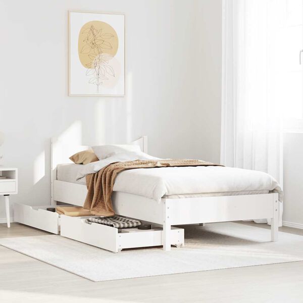 vidaXL Bed Frame with Drawers White 75x190 cm Small Single Solid Wood Pine