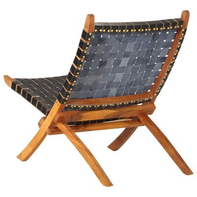 vidaXL Folding Relaxing Chair Black Real Leather