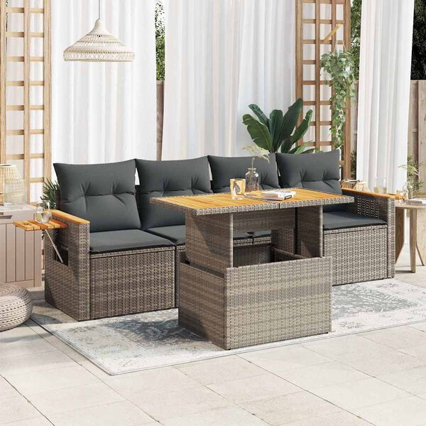 vidaXL 5 Piece Garden Sofa Set with Cushions Grey Poly Rattan Acacia