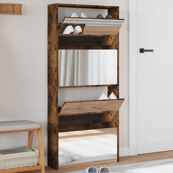 vidaXL Shoe Cabinet with Mirror 4-Layer Smoked Oak 63x17x134 cm