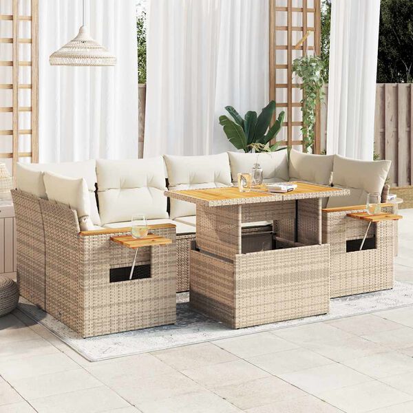 vidaXL 7 Piece Garden Sofa Set with Cushions Beige Poly Rattan Acacia