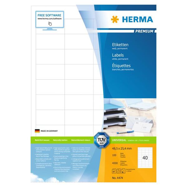 HERMA Permanent Labels PREMIUM A4 48.5x25.4 mm 100 Sheets