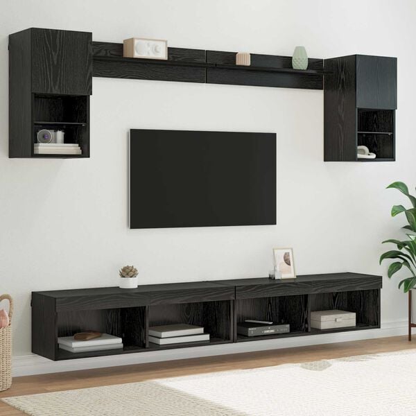 vidaXL TV Wall Units with LED with LED 6 pcs Black Oak Engineered Wood