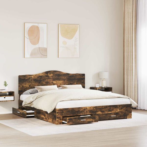 vidaXL Bed Frame with Drawer Smoked Oak 200 x 200 cm Engineered Wood