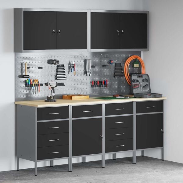 vidaXL Work Cabinet with Drawer 10 pcs Black Engineered Wood and Steel