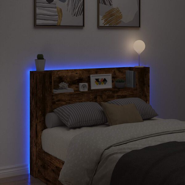 vidaXL Headboard Cabinet with LED Smoked Oak 140 x 16.5 x 103.5 cm