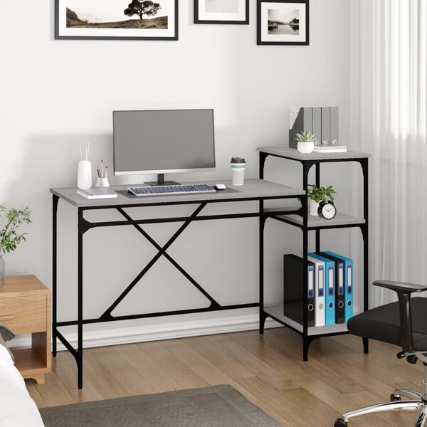 vidaXL Desk with Shelves Grey Sonoma 135x50x90 cm Engineered Wood&Iron