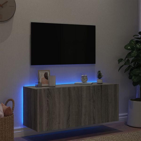 vidaXL TV Wall Cabinet with LED Lights Grey Sonoma 100x35x41 cm